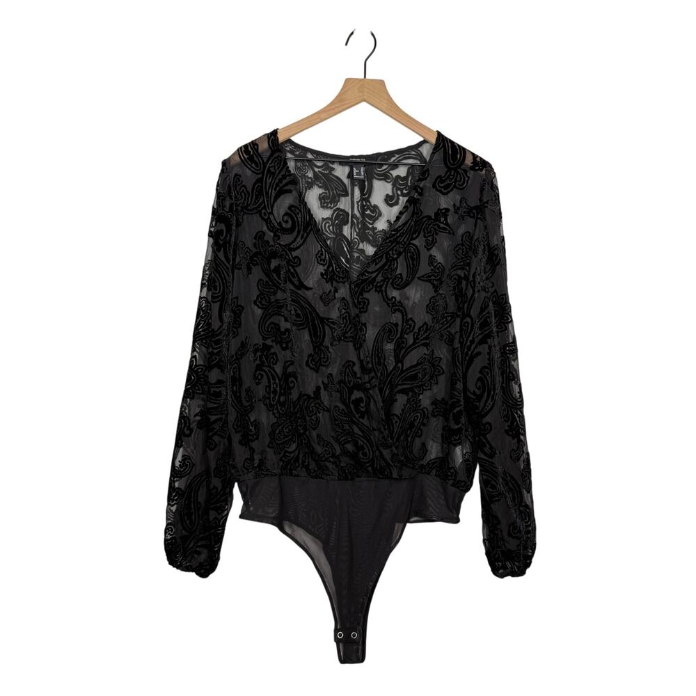 Forever 21 Velvet Burnout Bodysuit Plus Size 2X Black Paisley V-Neck Sheer Goth